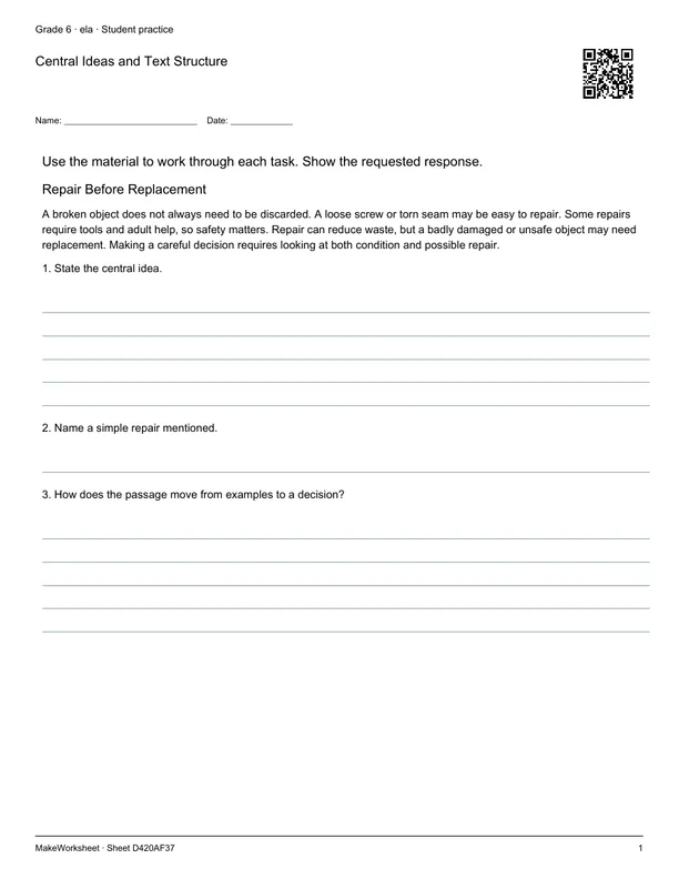 Central Ideas and Text Structure: first student practice page