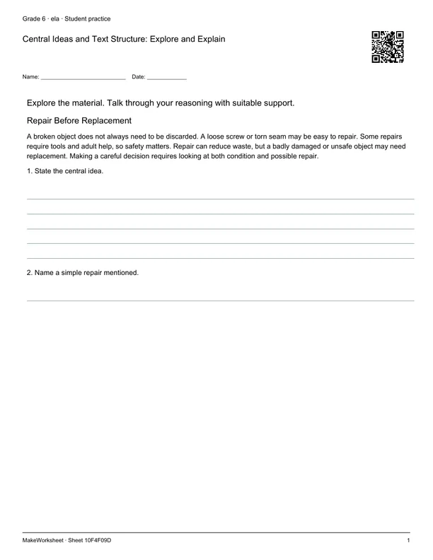 Central Ideas and Text Structure: Explore and Explain: first student practice page