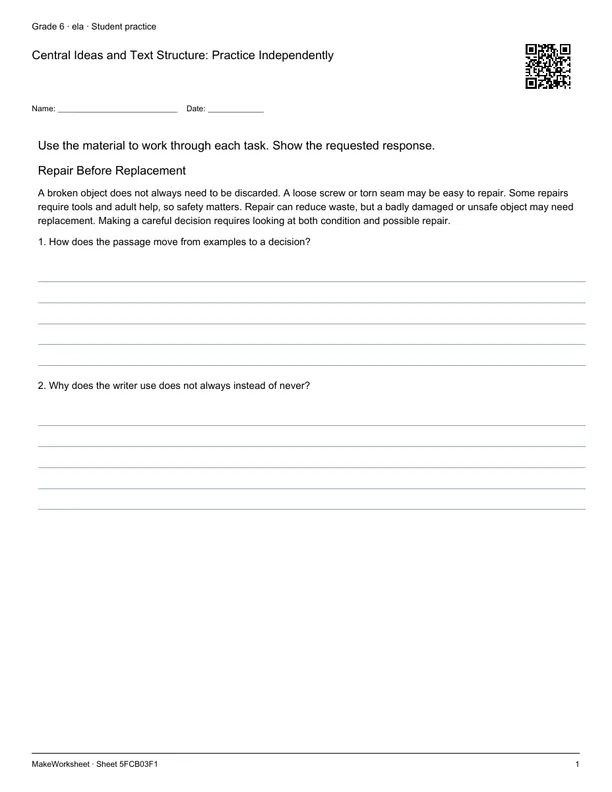 Central Ideas and Text Structure: Practice Independently: first student practice page