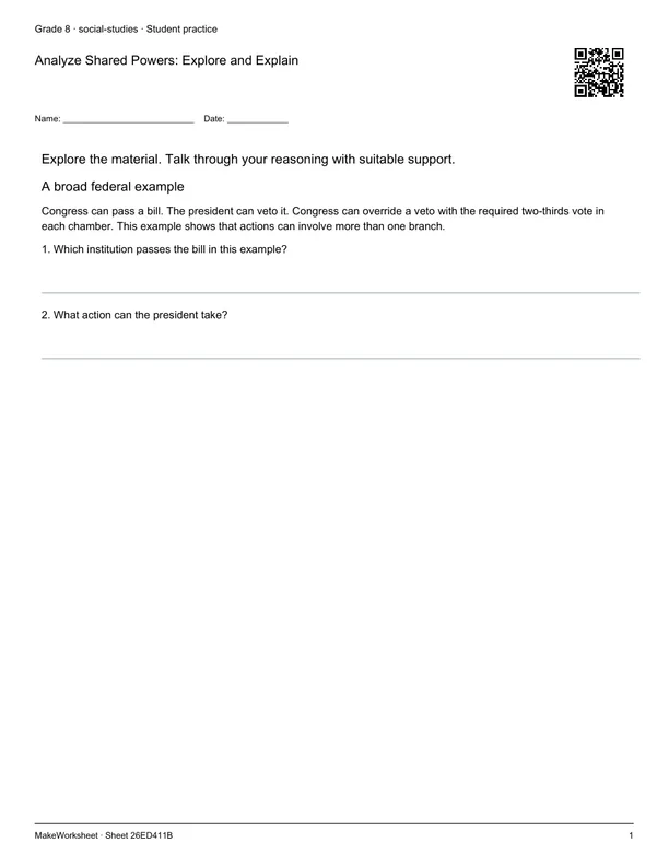 Analyze Shared Powers: Explore and Explain: first student practice page