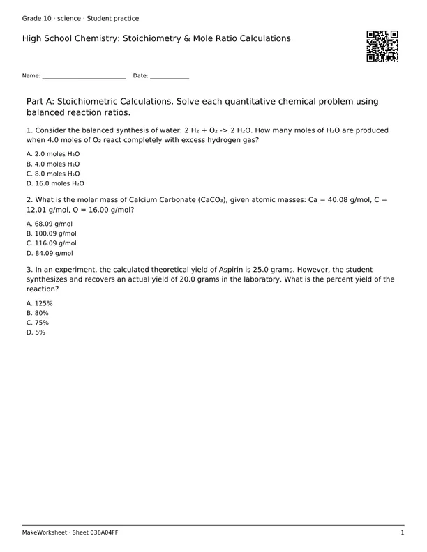 High School Chemistry: Stoichiometry & Mole Ratio Calculations: first student practice page