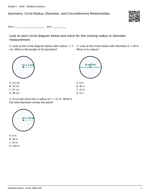 Geometry: Circle Radius, Diameter, and Circumference Relationships: first student practice page