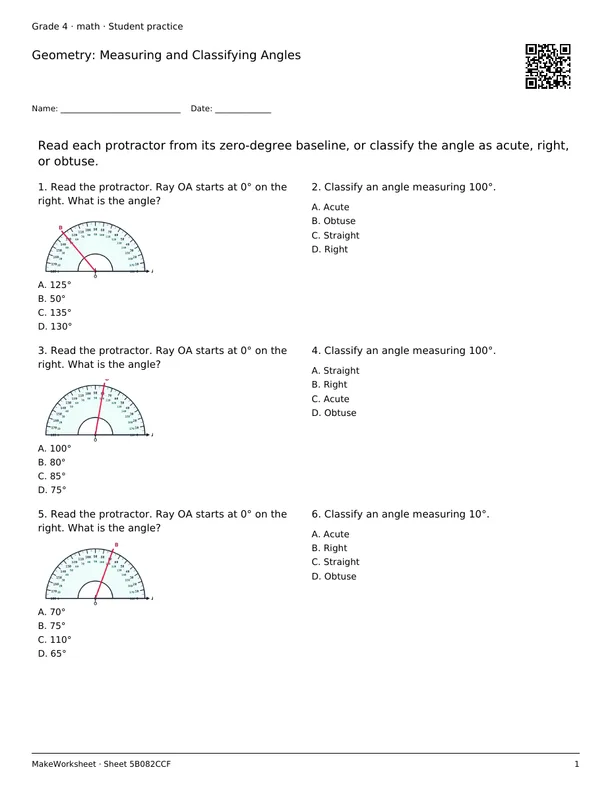Geometry: Measuring and Classifying Angles: first student practice page