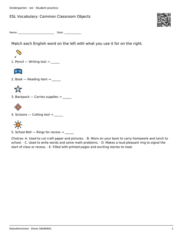 ESL Vocabulary: Common Classroom Objects: first student practice page