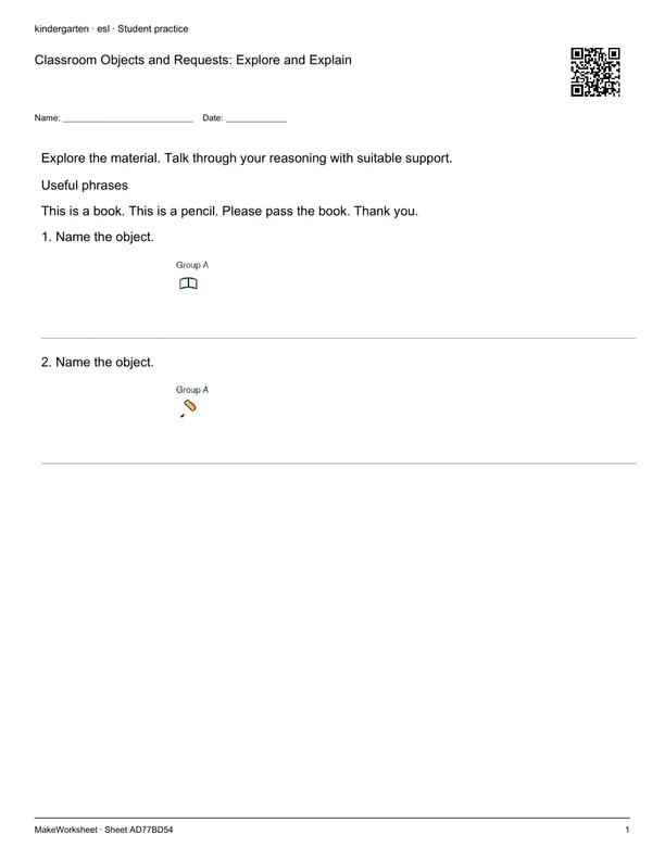 Classroom Objects and Requests: Explore and Explain: first student practice page