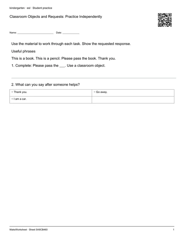 Classroom Objects and Requests: Practice Independently: first student practice page