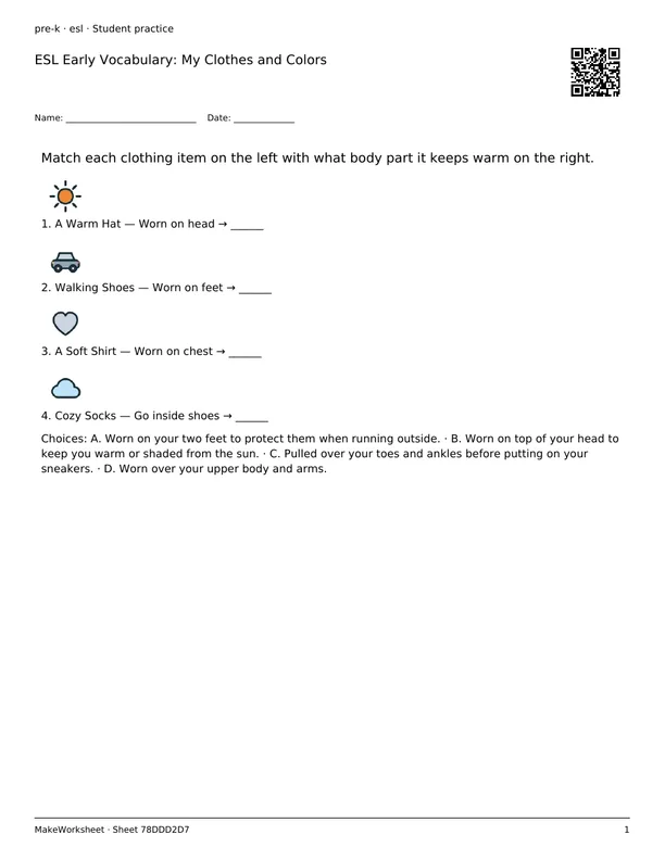 ESL Early Vocabulary: My Clothes and Colors: first student practice page