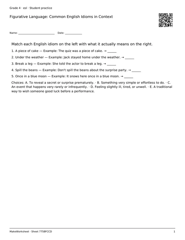 Figurative Language: Common English Idioms in Context: first student practice page