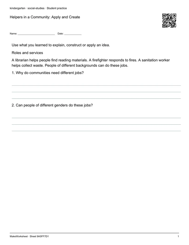 Helpers in a Community: Apply and Create: first student practice page