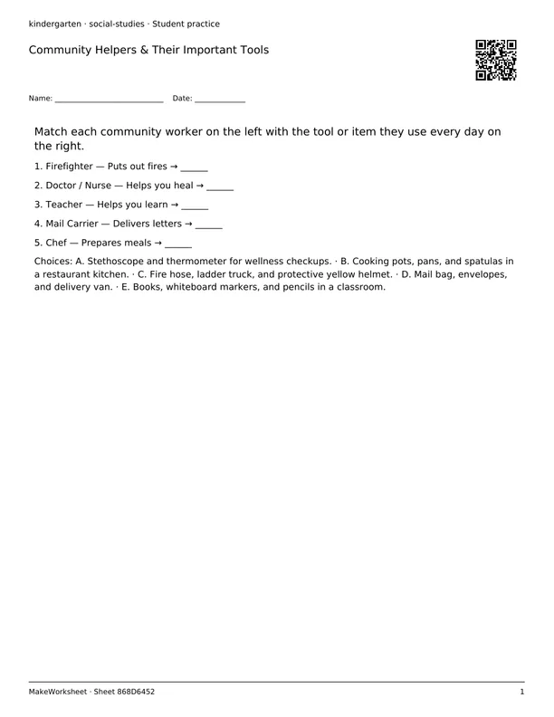 Community Helpers & Their Important Tools: first student practice page