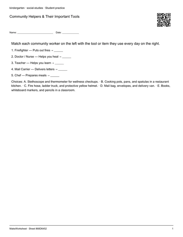 Community Helpers & Their Important Tools: first student practice page