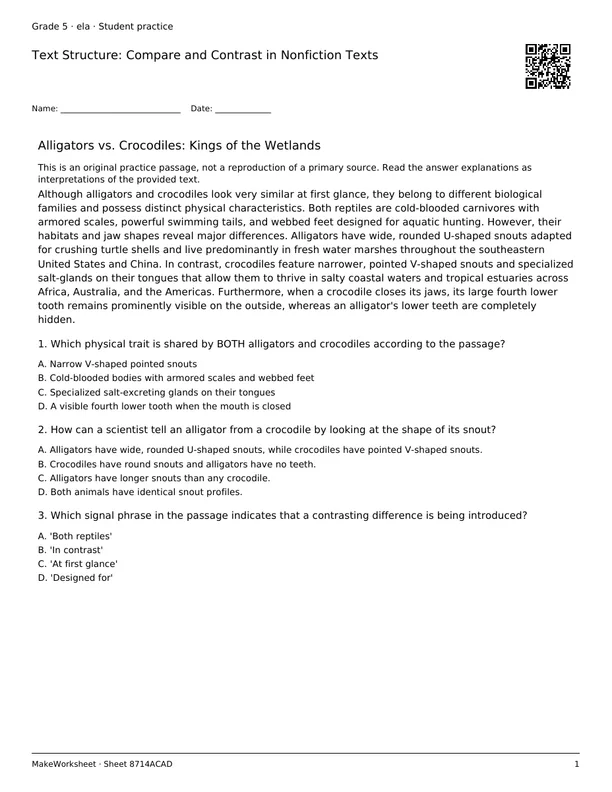 Text Structure: Compare and Contrast in Nonfiction Texts: first student practice page
