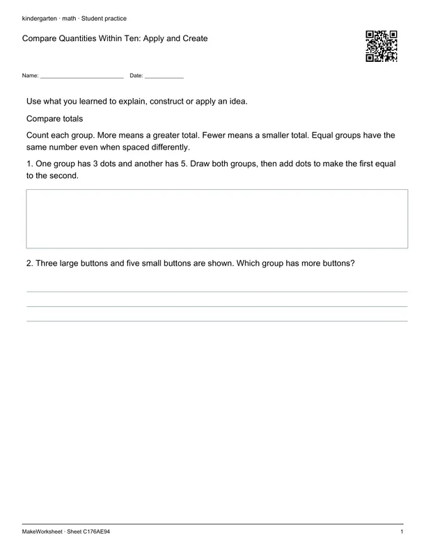 Compare Quantities Within Ten: Apply and Create: first student practice page