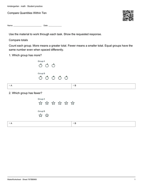 Compare Quantities Within Ten: first student practice page