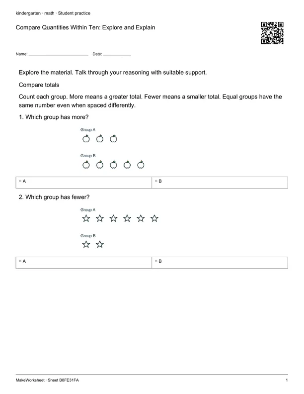 Compare Quantities Within Ten: Explore and Explain: first student practice page