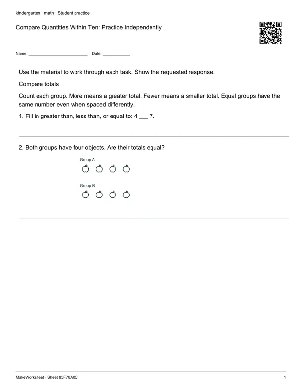 Compare Quantities Within Ten: Practice Independently: first student practice page