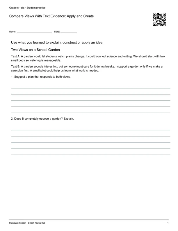 Compare Views With Text Evidence: Apply and Create: first student practice page