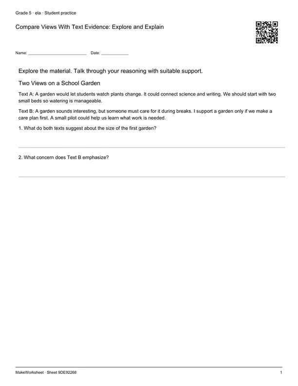 Compare Views With Text Evidence: Explore and Explain: first student practice page