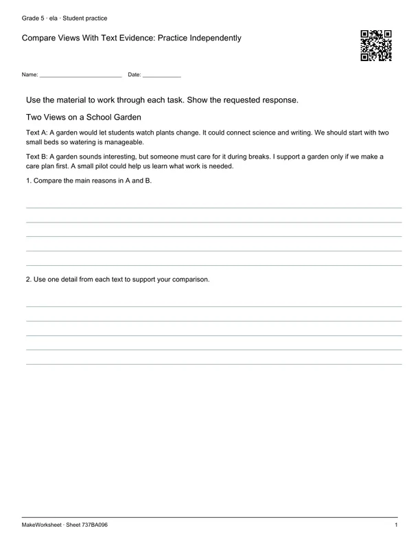 Compare Views With Text Evidence: Practice Independently: first student practice page