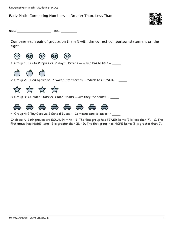 Early Math: Comparing Numbers — Greater Than, Less Than: first student practice page