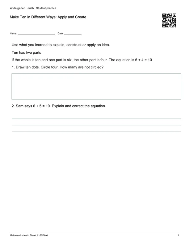Make Ten in Different Ways: Apply and Create: first student practice page