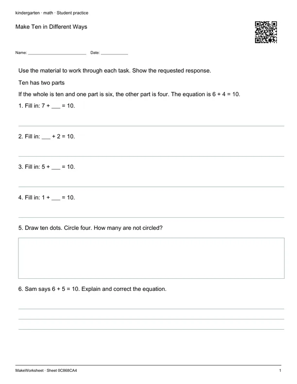 Make Ten in Different Ways: first student practice page