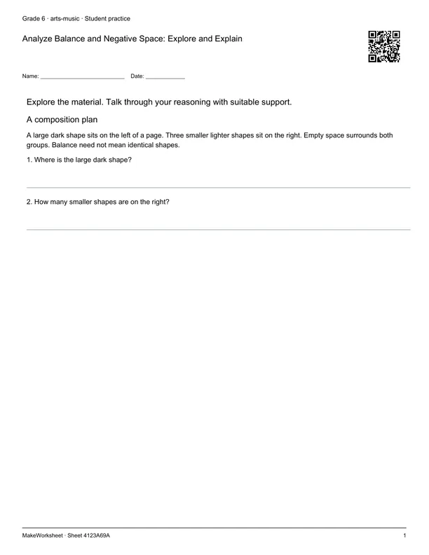 Analyze Balance and Negative Space: Explore and Explain: first student practice page