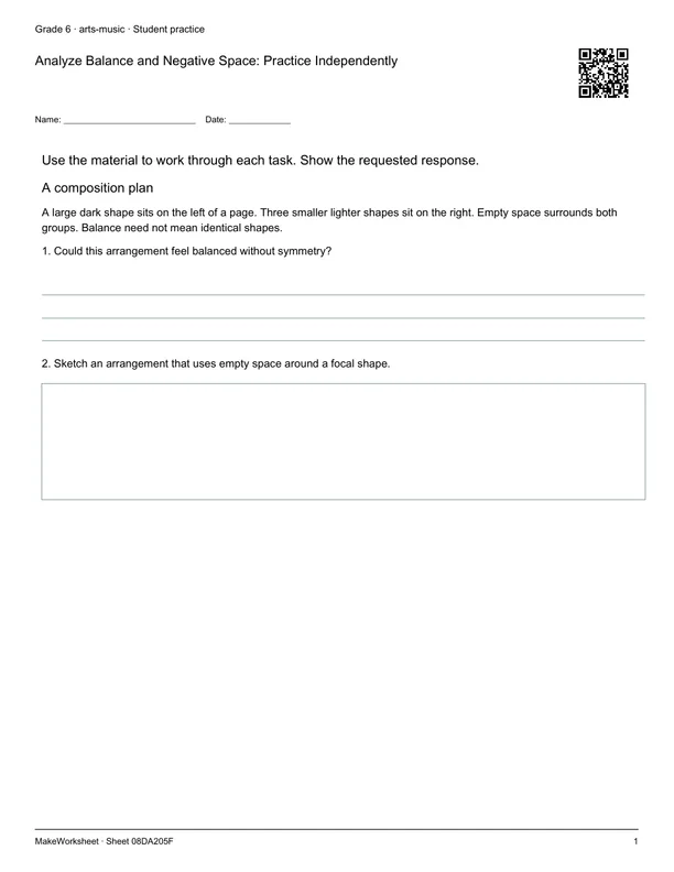 Analyze Balance and Negative Space: Practice Independently: first student practice page