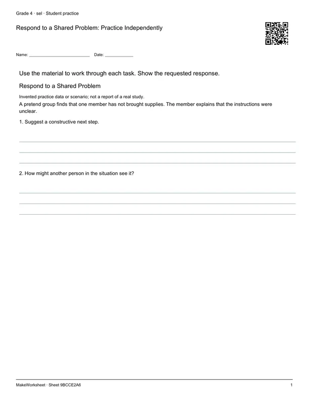 Respond to a Shared Problem: Practice Independently: first student practice page