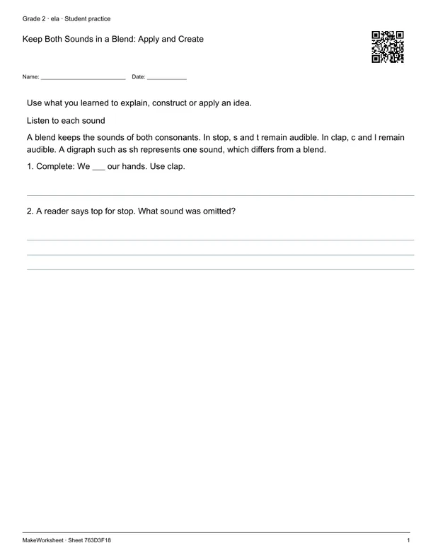 Keep Both Sounds in a Blend: Apply and Create: first student practice page