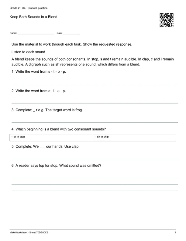 Keep Both Sounds in a Blend: first student practice page