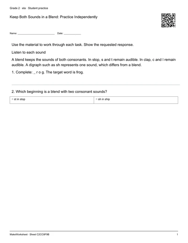 Keep Both Sounds in a Blend: Practice Independently: first student practice page