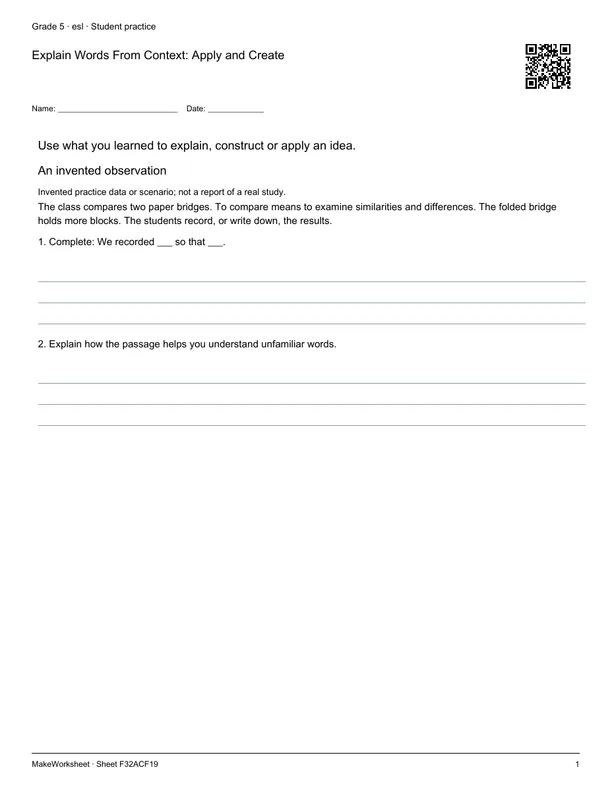 Explain Words From Context: Apply and Create: first student practice page