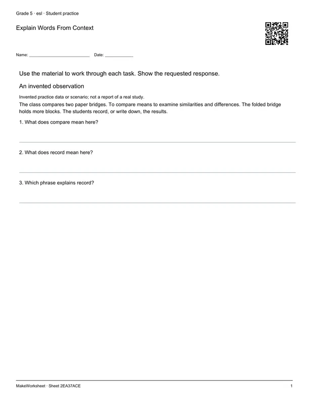 Explain Words From Context: first student practice page