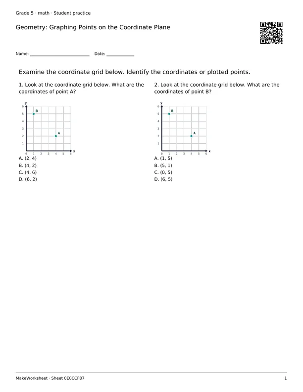 Geometry: Graphing Points on the Coordinate Plane: first student practice page