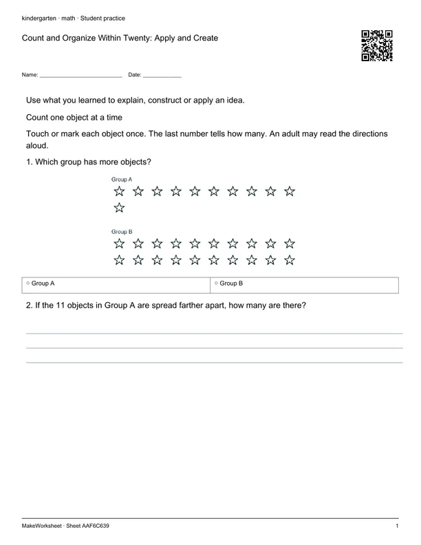Count and Organize Within Twenty: Apply and Create: first student practice page