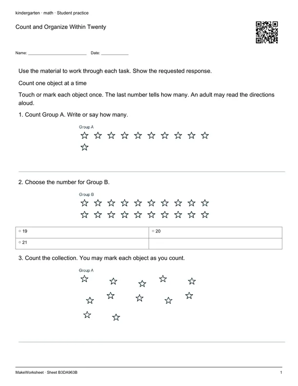 Count and Organize Within Twenty: first student practice page