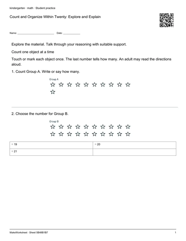 Count and Organize Within Twenty: Explore and Explain: first student practice page