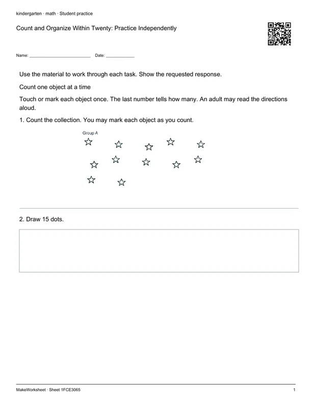 Count and Organize Within Twenty: Practice Independently: first student practice page