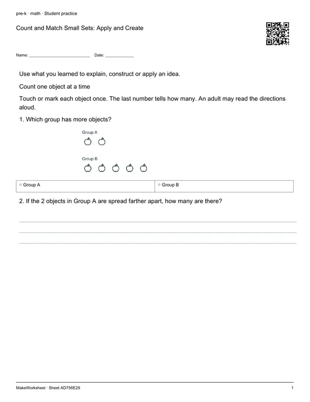 Count and Match Small Sets: Apply and Create: first student practice page