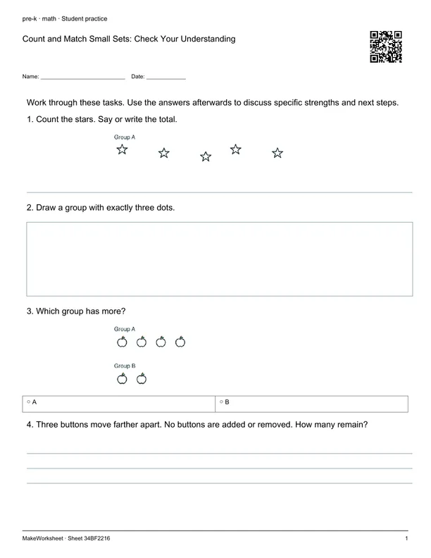 Count and Match Small Sets: Check Your Understanding: first student practice page