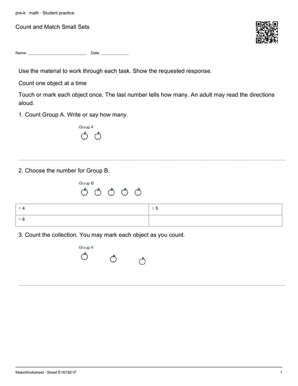 Count and Match Small Sets: first student practice page