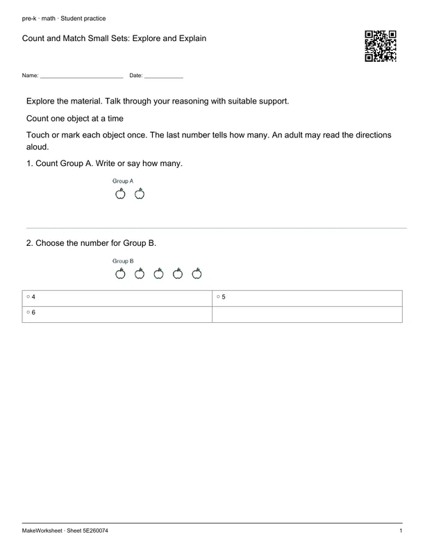 Count and Match Small Sets: Explore and Explain: first student practice page