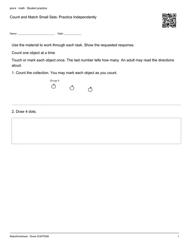 Count and Match Small Sets: Practice Independently: first student practice page