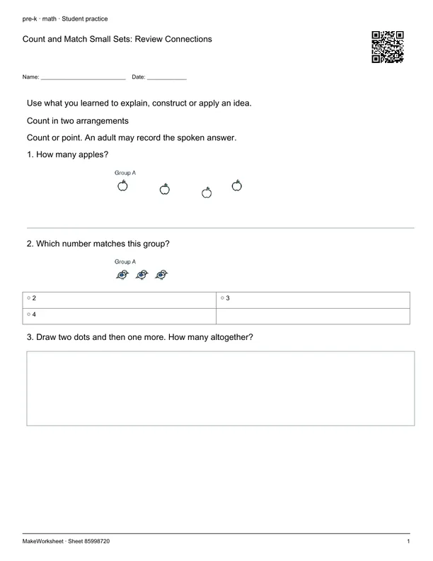 Count and Match Small Sets: Review Connections: first student practice page
