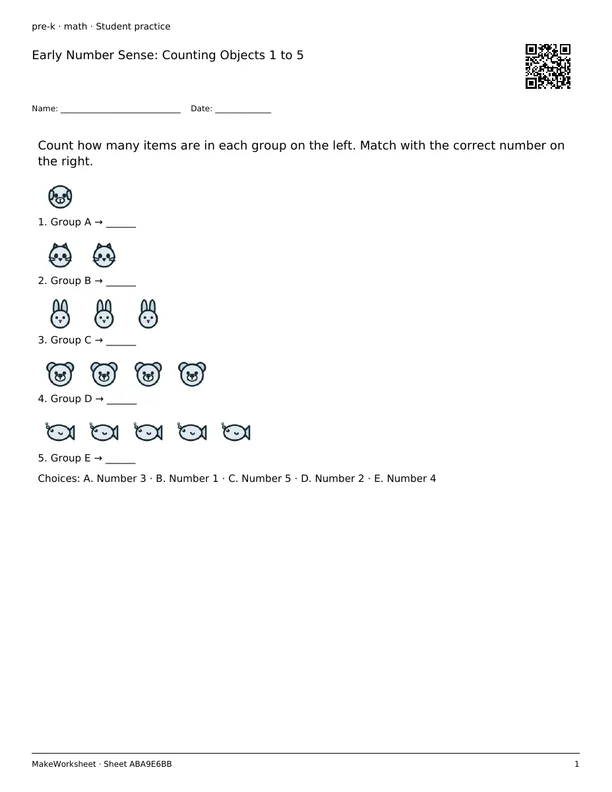 Early Number Sense: Counting Objects 1 to 5: first student practice page