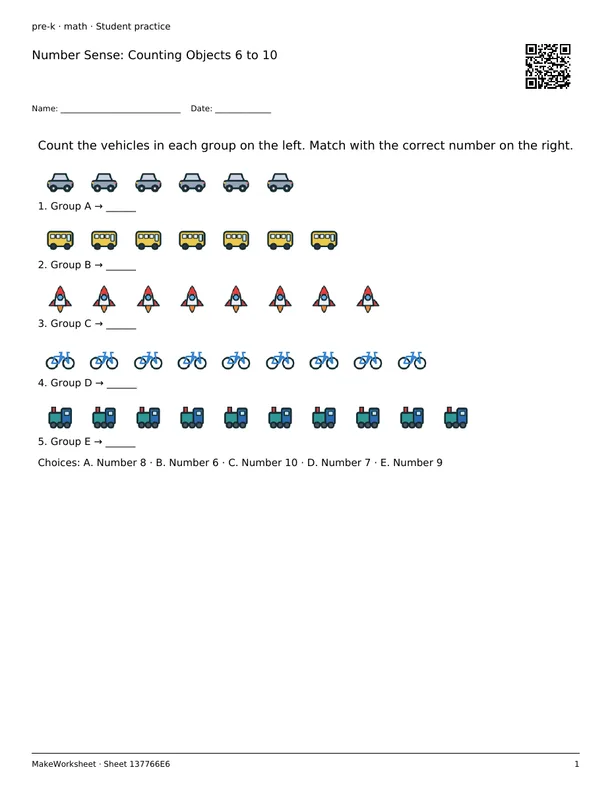 Number Sense: Counting Objects 6 to 10: first student practice page