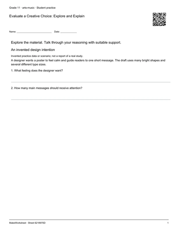 Evaluate a Creative Choice: Explore and Explain: first student practice page