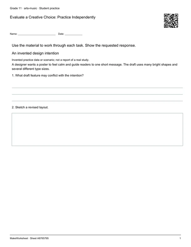 Evaluate a Creative Choice: Practice Independently: first student practice page