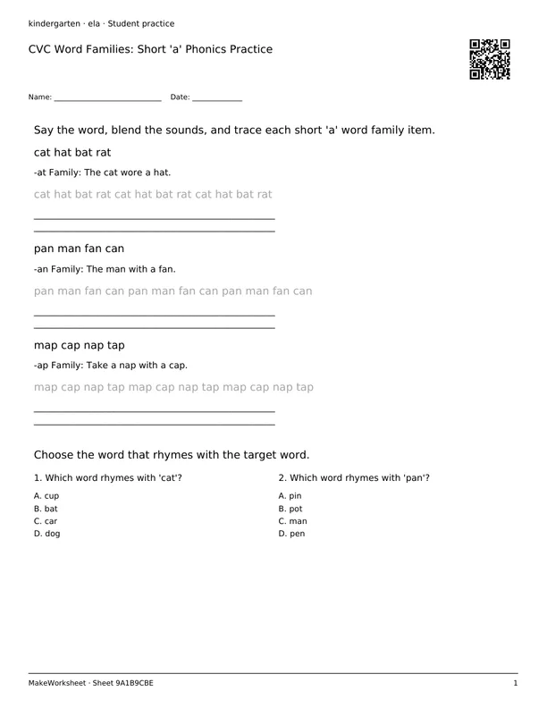 CVC Word Families: Short 'a' Phonics Practice: first student practice page
